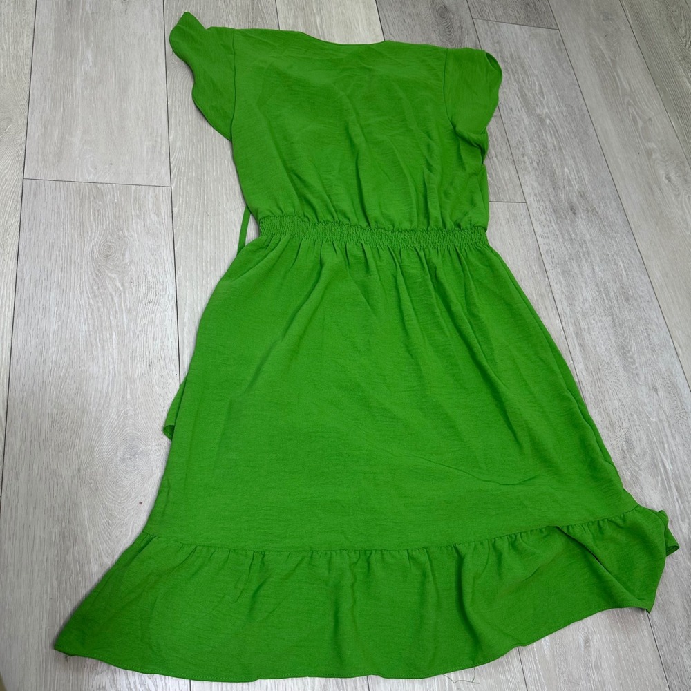 London times green mini smocked waist tie neck ruffle dress flutter medium - Picture 4 of 11